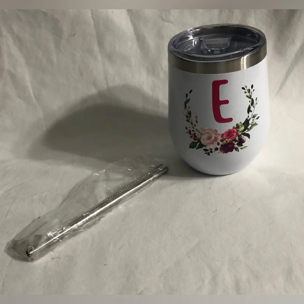 Personalized White Floral Monogram  Tumbler - Letter E. 12 oz